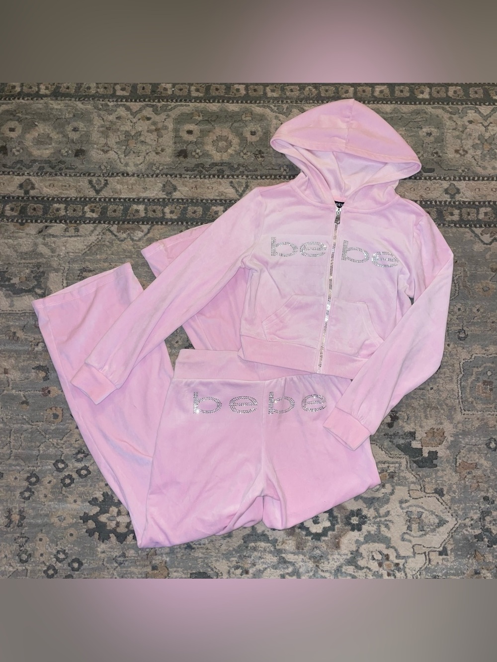 Bebe Rhinestone Y2K Pink Velour ICONIC Logo Bling Hooded Loungewear Set Small